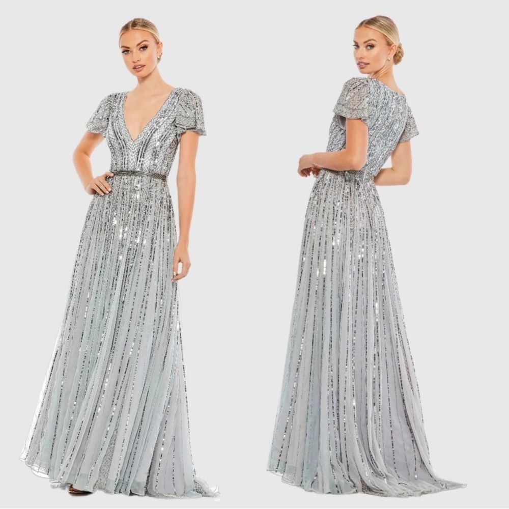 Mac Duggal 70108 Stripe Sequin V-Neck Maxi Gown Size 12 NWT Slate Blue